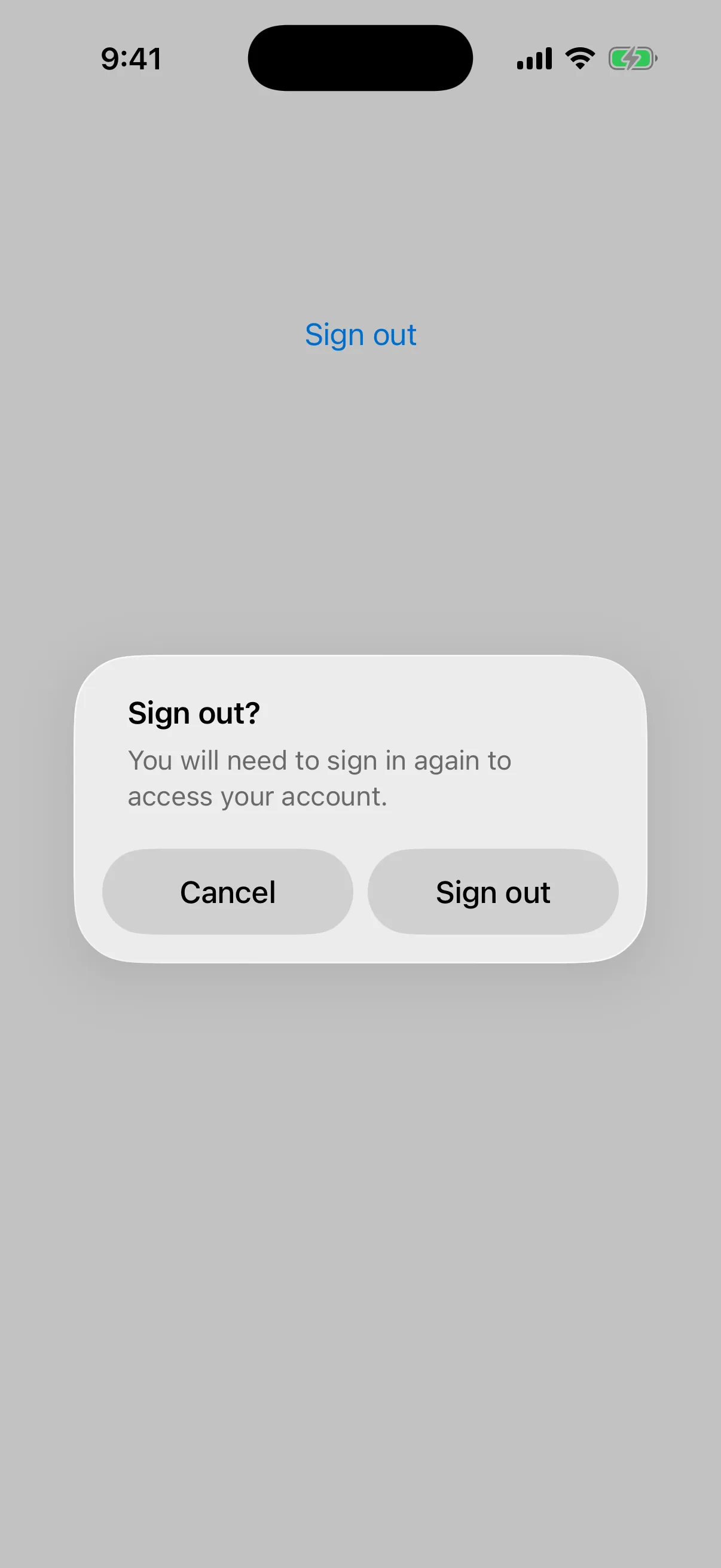 Alert titled Sign out? with a message and Cancel and Sign out buttons