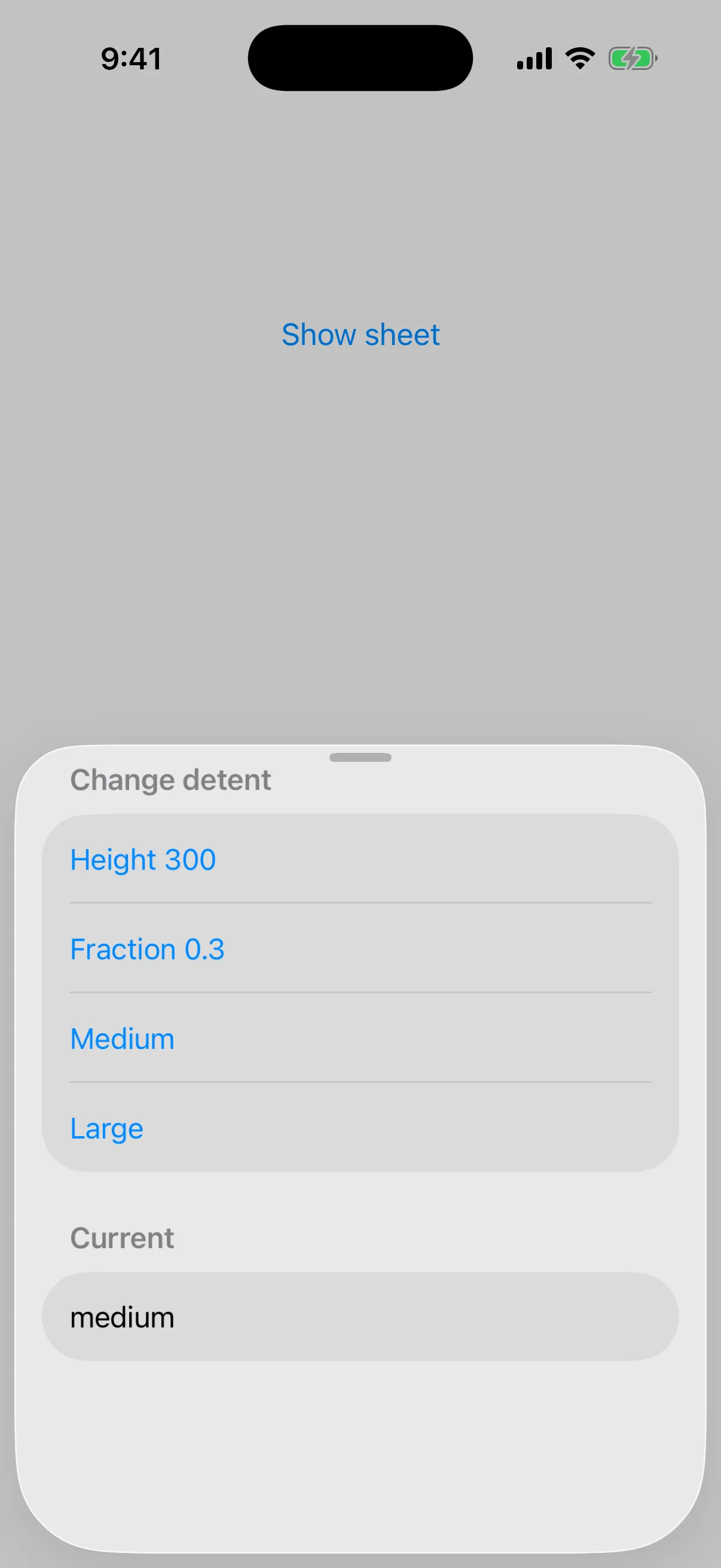 A bottom sheet listing detent options with the current detent shown as medium