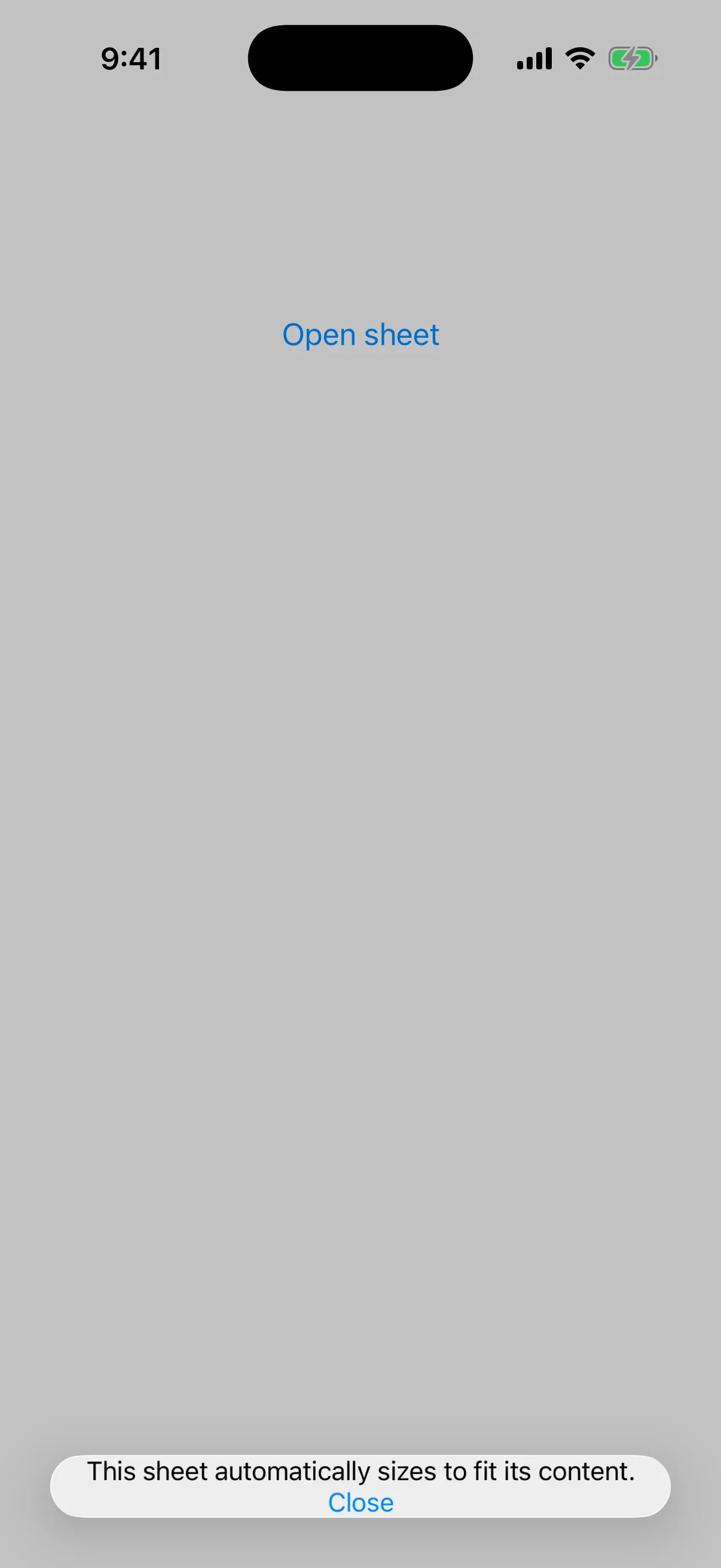 A bottom sheet sized to one line of text and a Close button