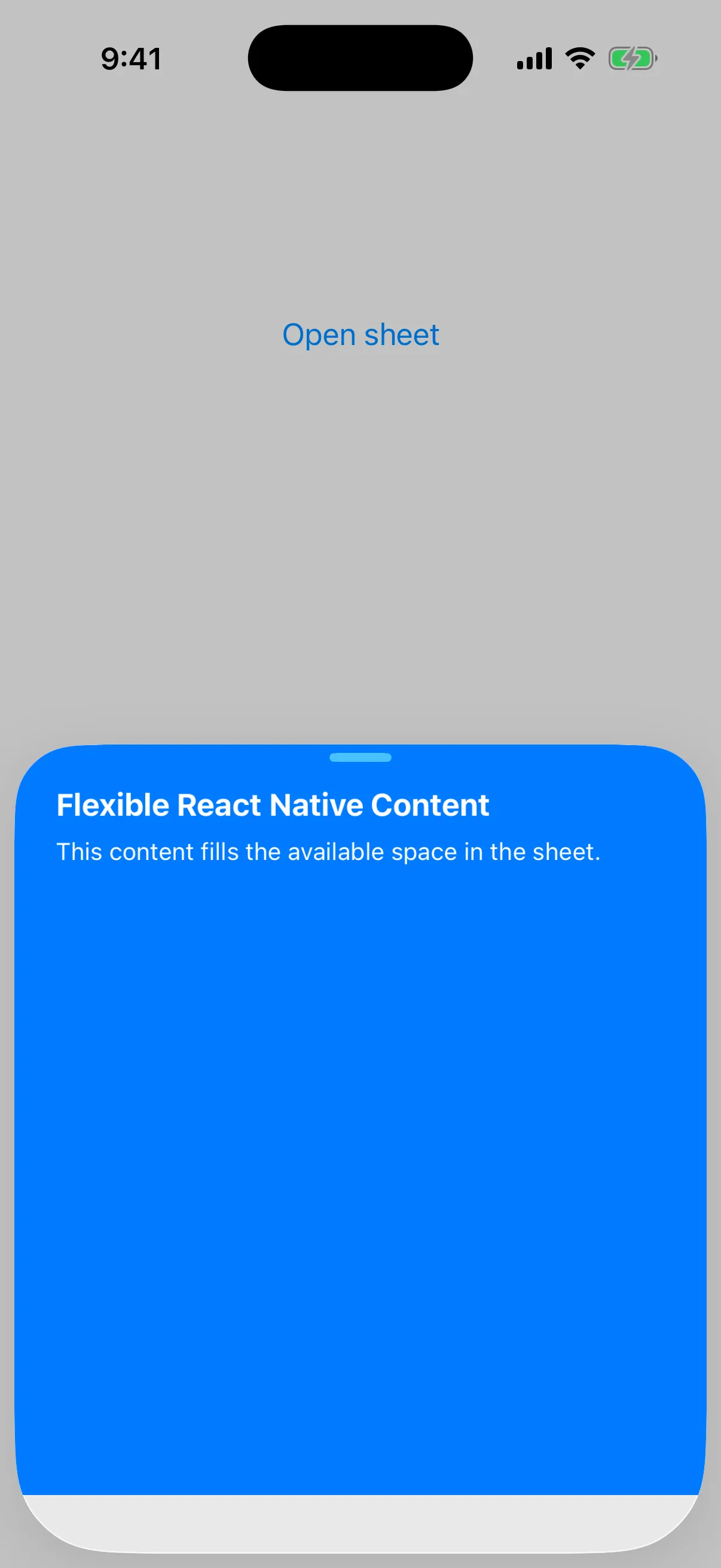 A bottom sheet filled by a blue React Native view at the medium detent