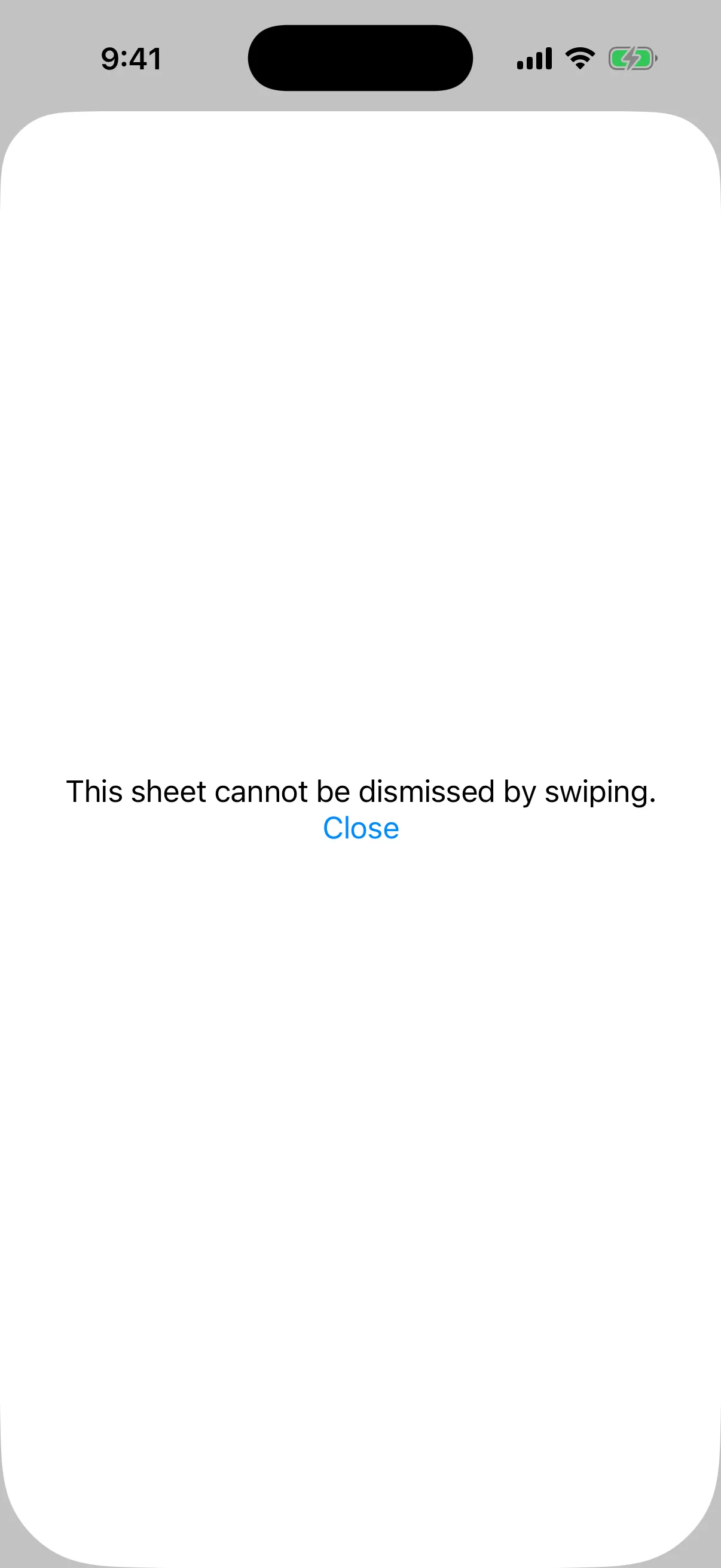 A full-height bottom sheet with text and a Close button