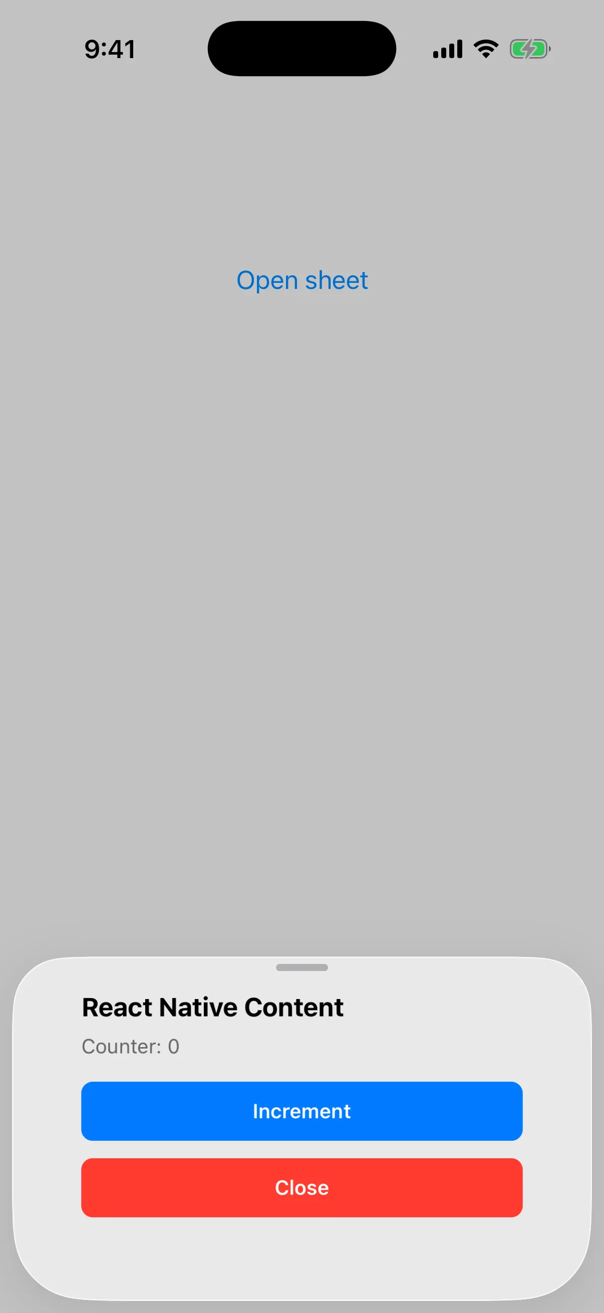 A bottom sheet holding React Native text, a counter, and Increment and Close buttons
