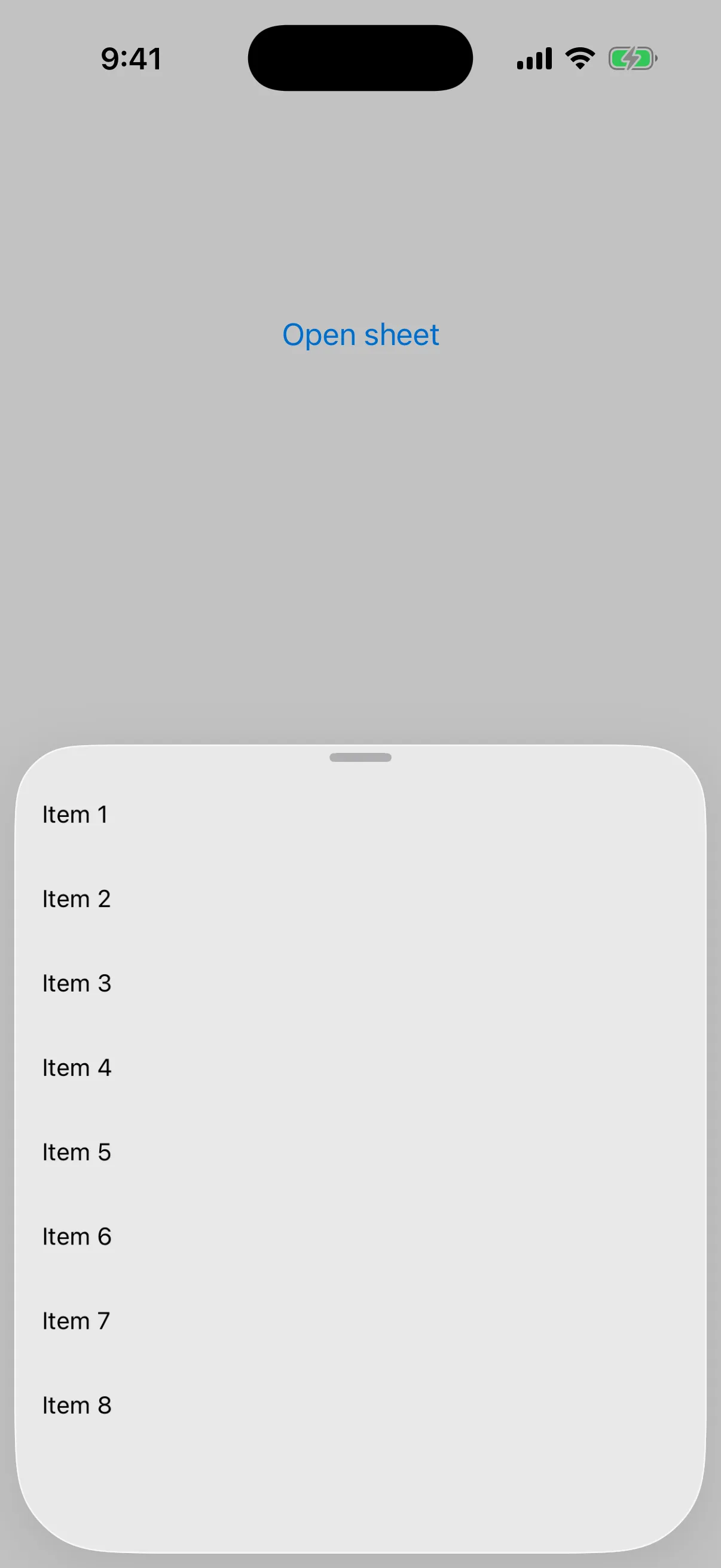 A bottom sheet at the medium detent listing Item 1 through Item 8