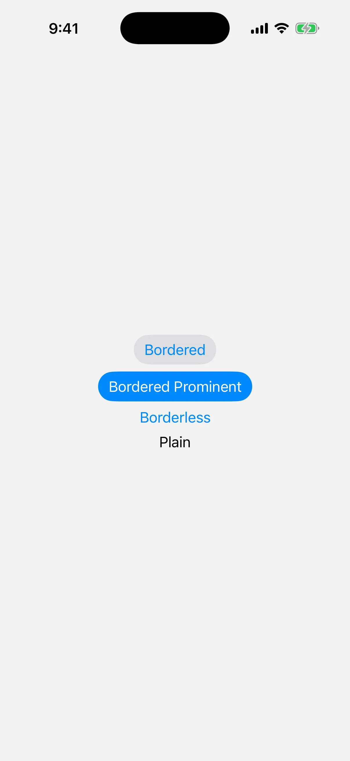 Four buttons showing the bordered, bordered prominent, borderless, and plain styles