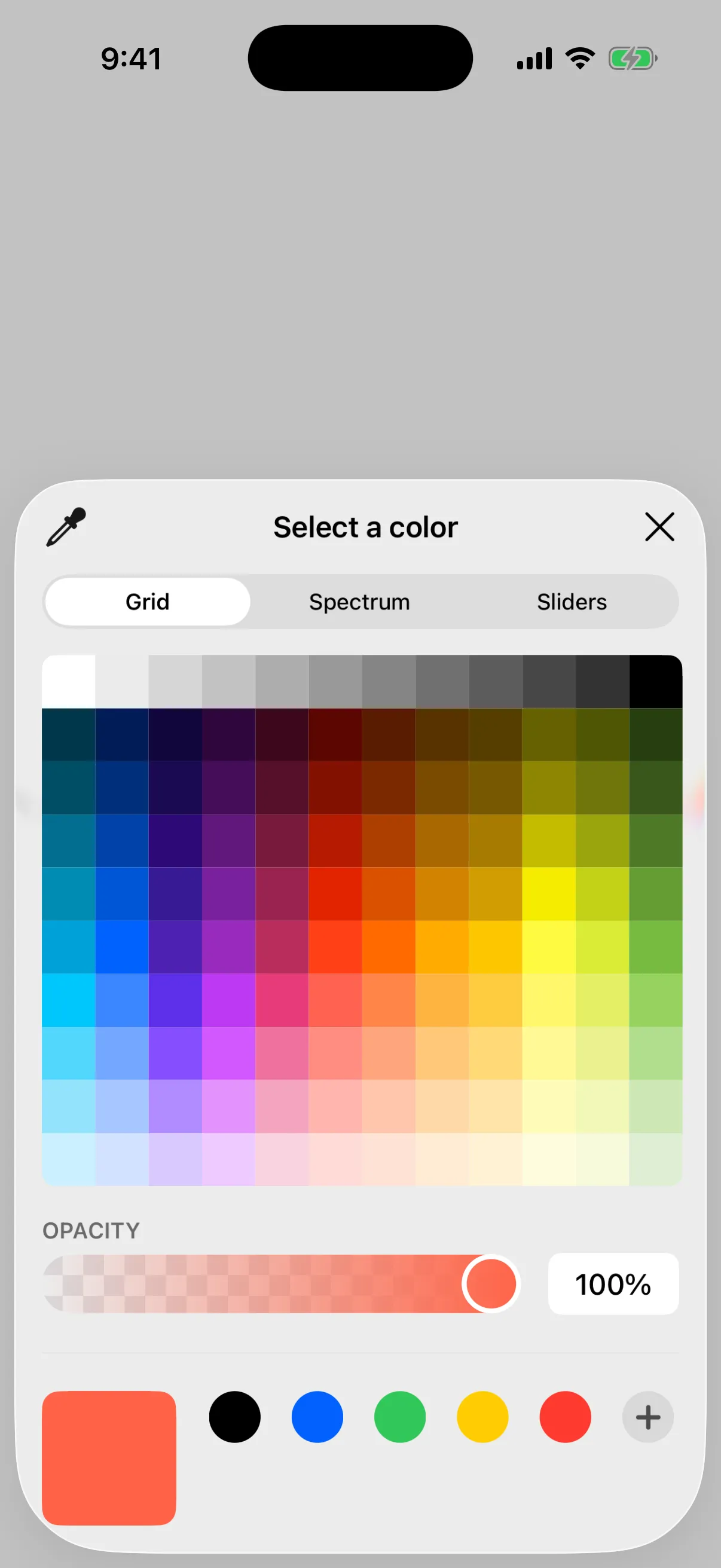 The system color picker sheet open on the Grid tab, with opacity at 100 percent