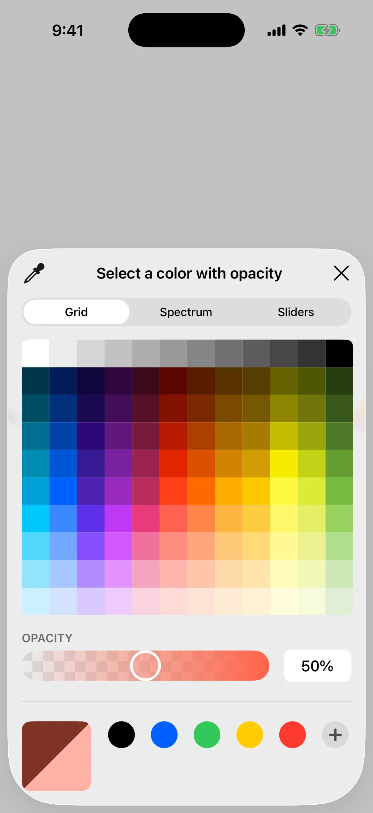 The system color picker sheet open on the Grid tab, with opacity at 50 percent