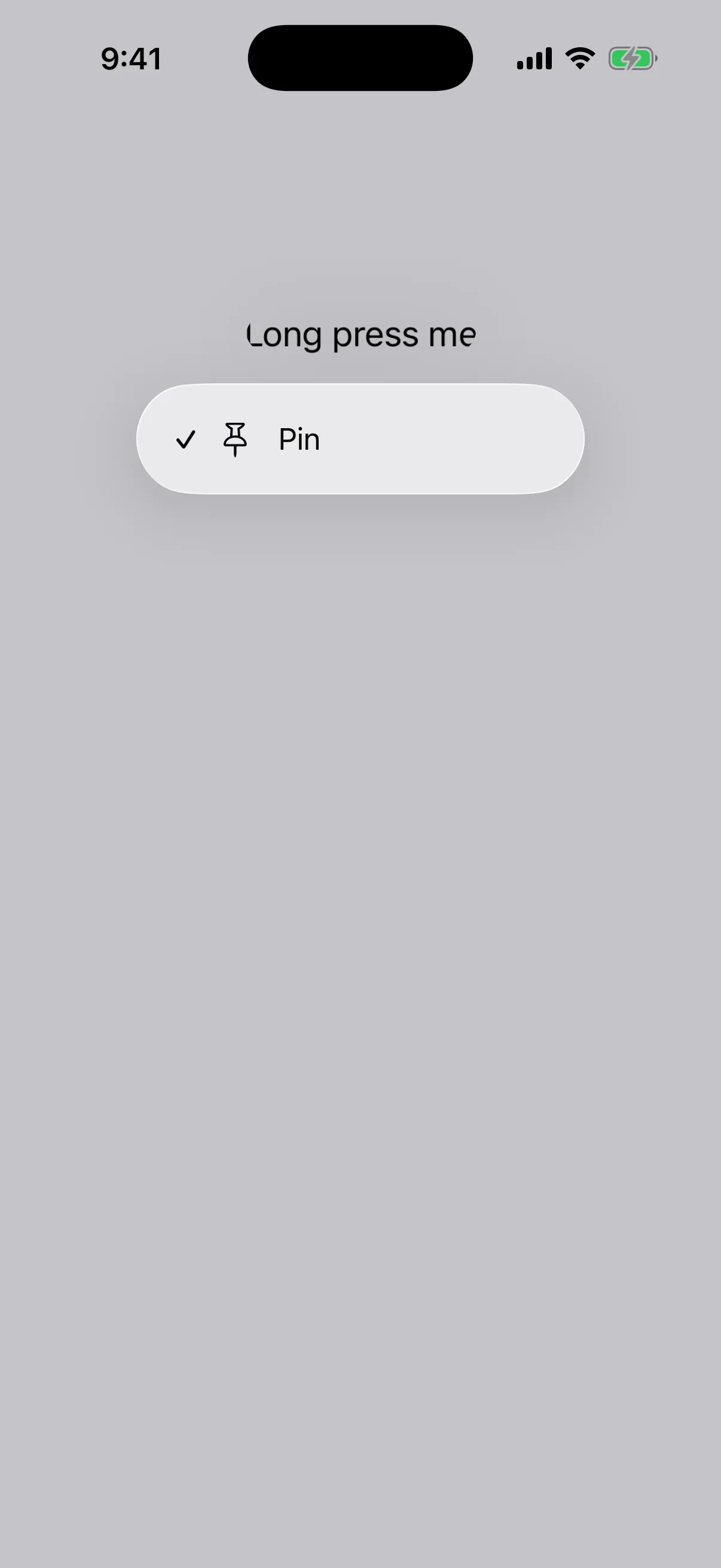 A context menu row labelled Pin with a pin icon and a leading checkmark