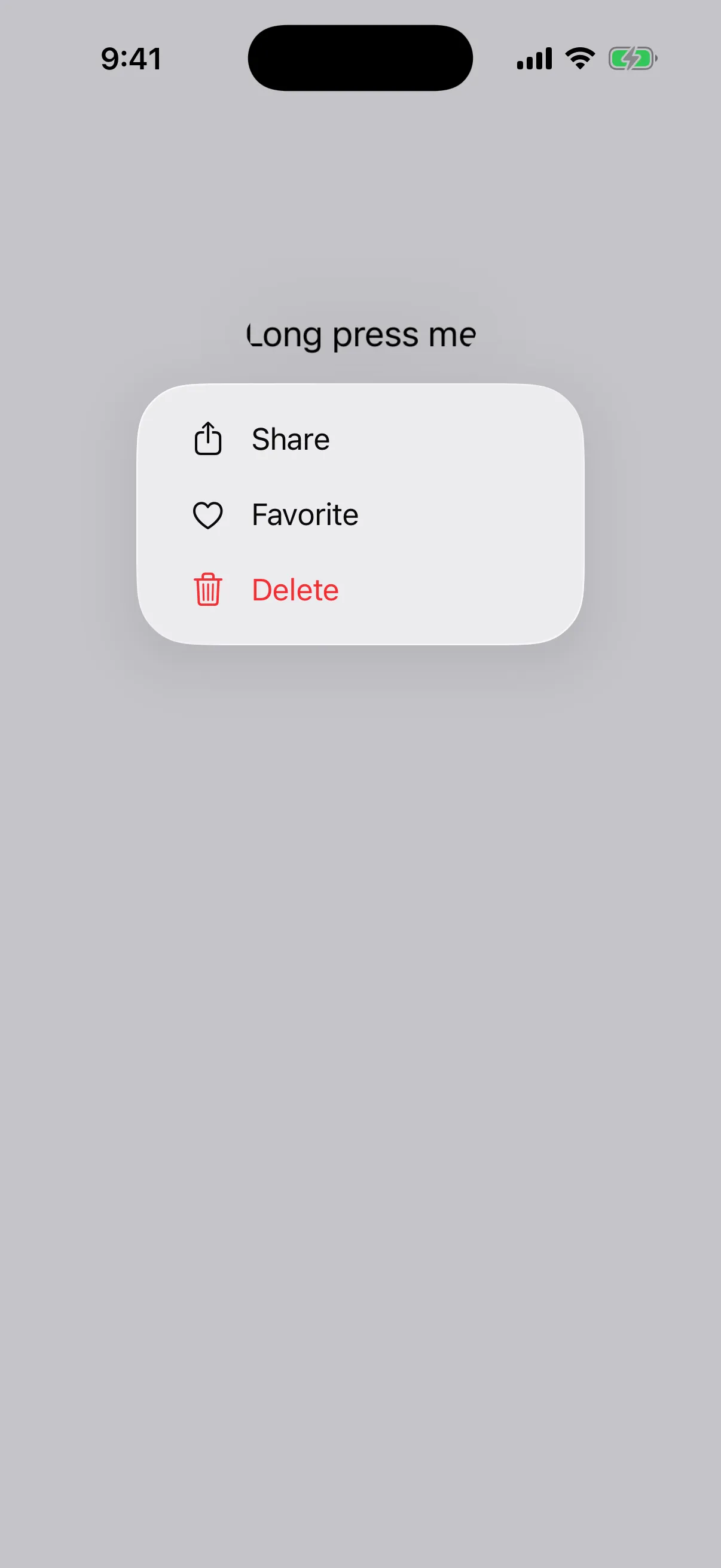 A context menu listing Share, Favorite, and a red Delete, each with an SF Symbol