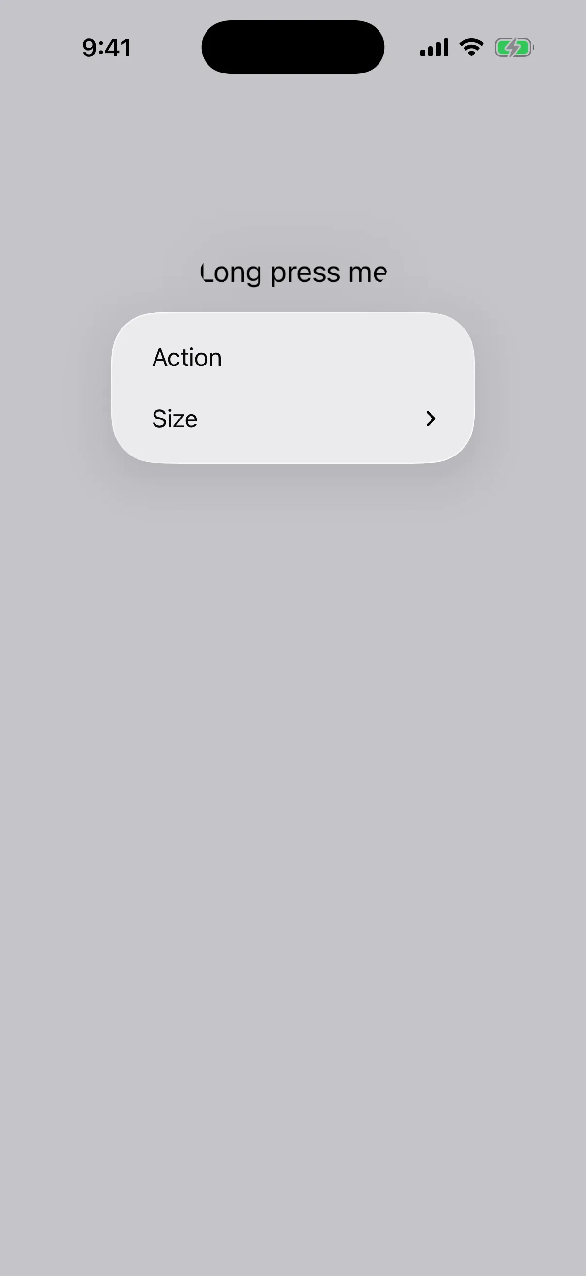 A context menu listing Action and a Size row with a submenu chevron