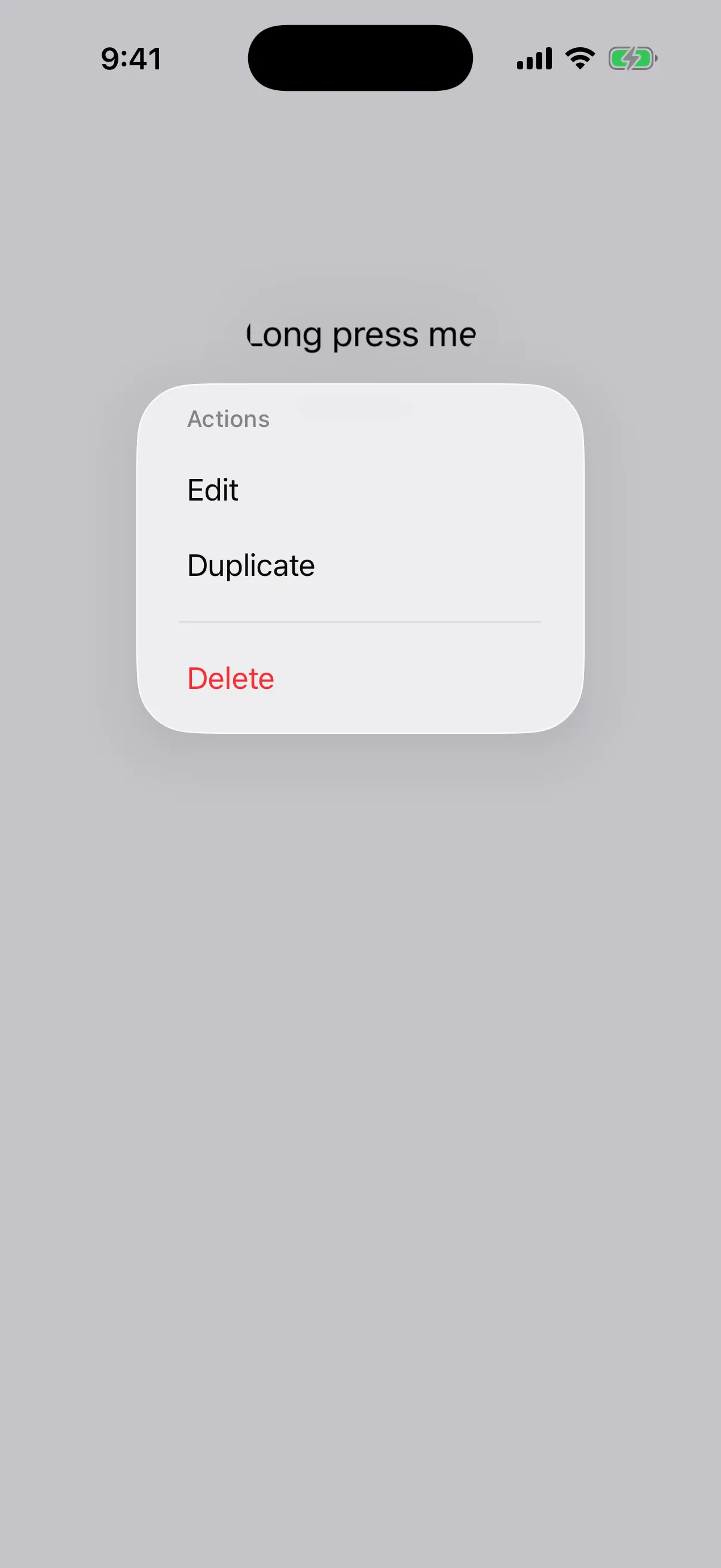 A context menu with an Actions section holding Edit and Duplicate, a divider, and Delete