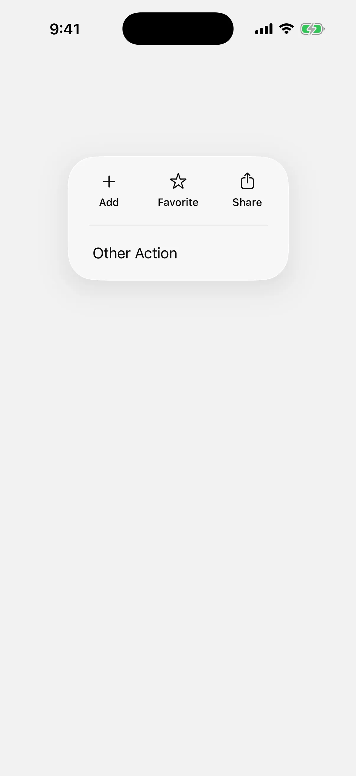 An open menu with an Add, Favorite, and Share icon row above an Other Action entry