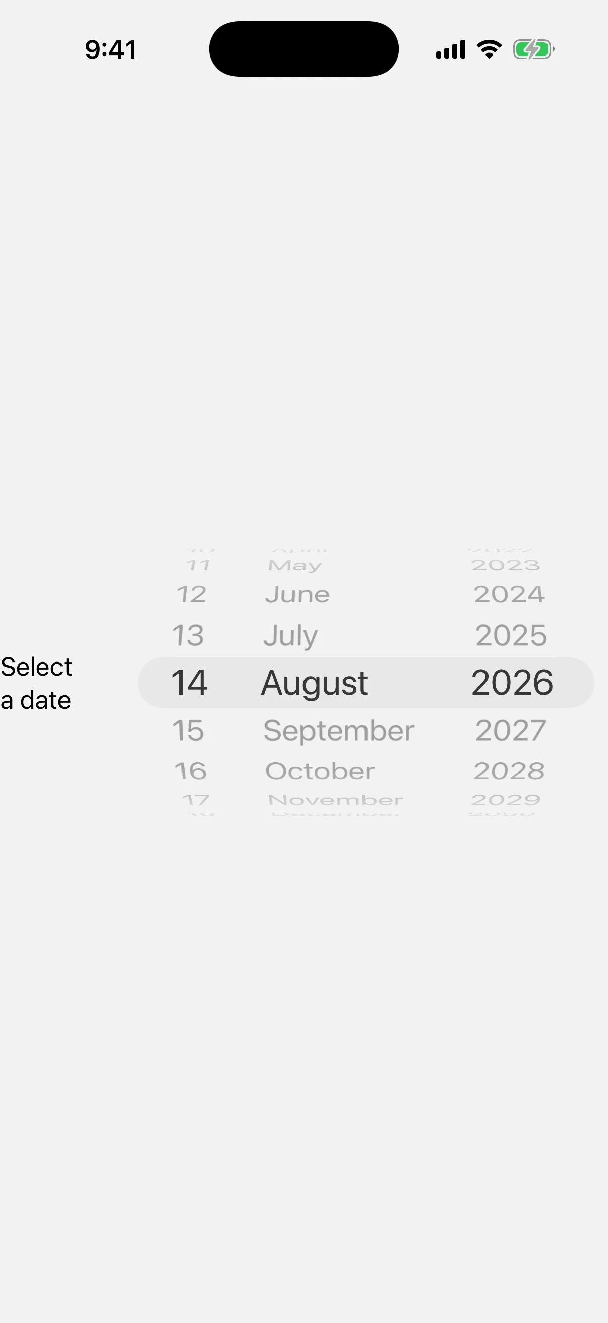A wheel style picker with day, month, and year columns