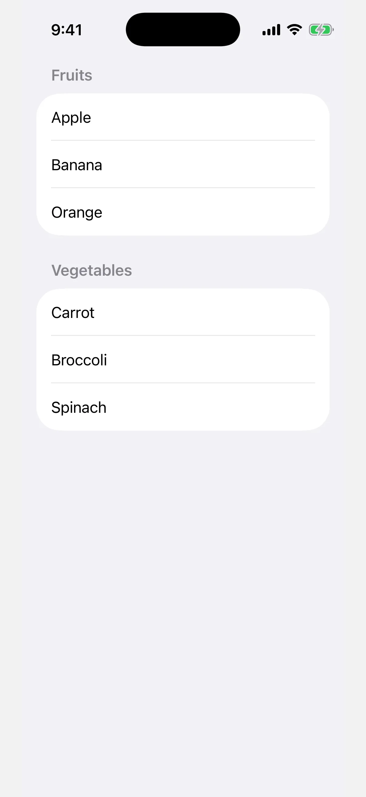 A list with Fruits and Vegetables sections