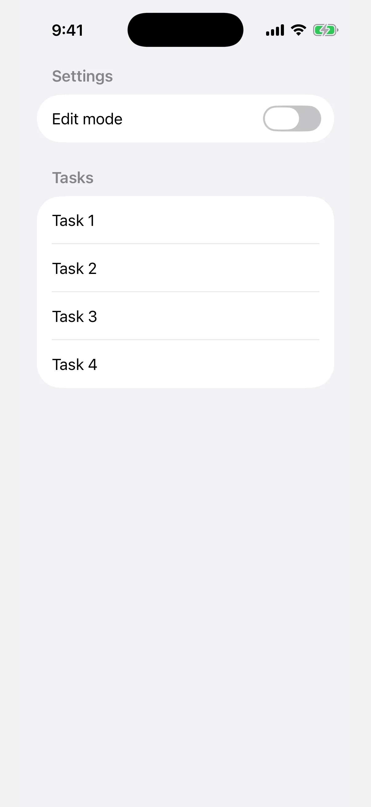 A list with an Edit mode toggle and four task rows