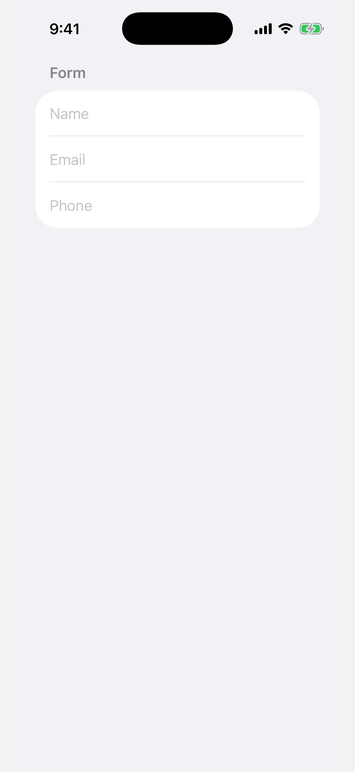 A form list with Name, Email, and Phone text fields