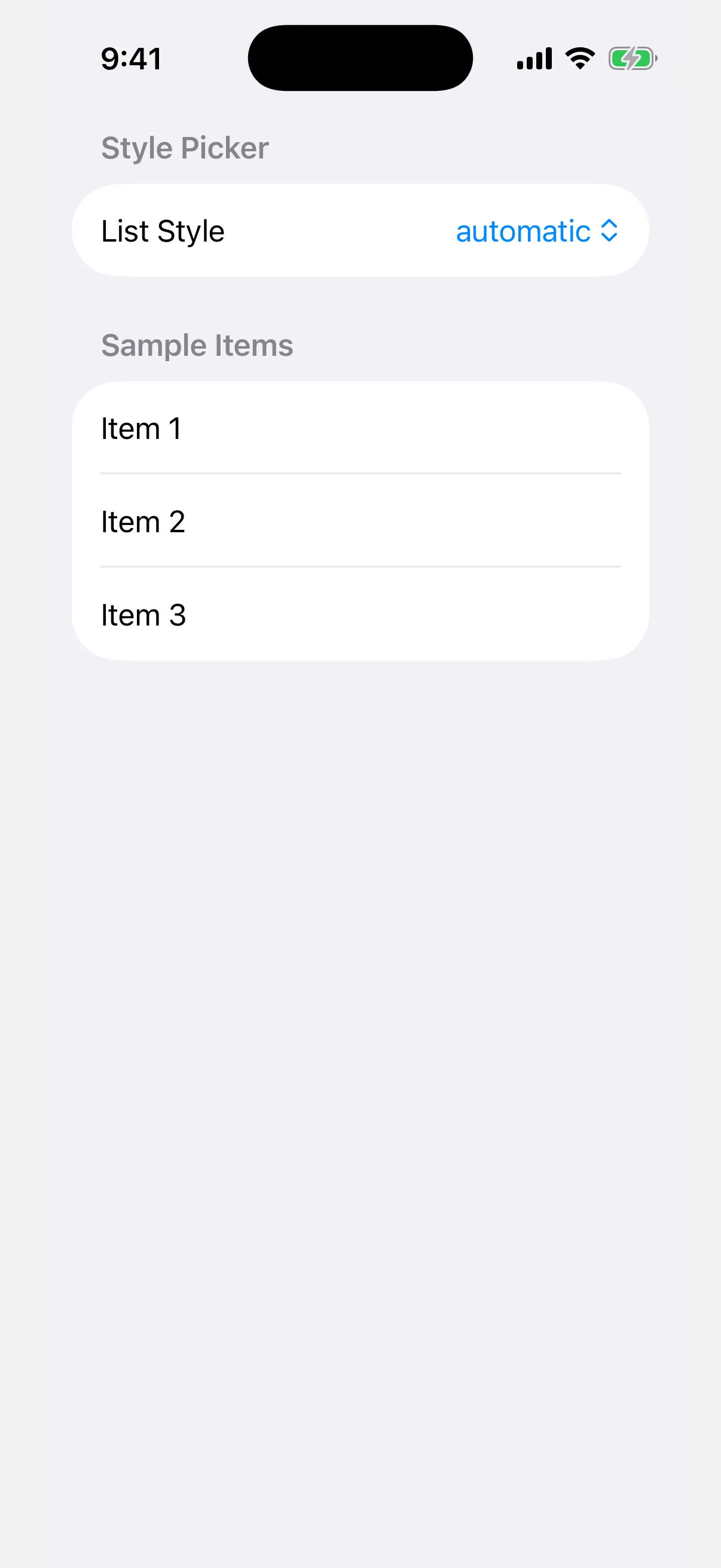 A list with a List Style menu picker set to automatic and three sample items