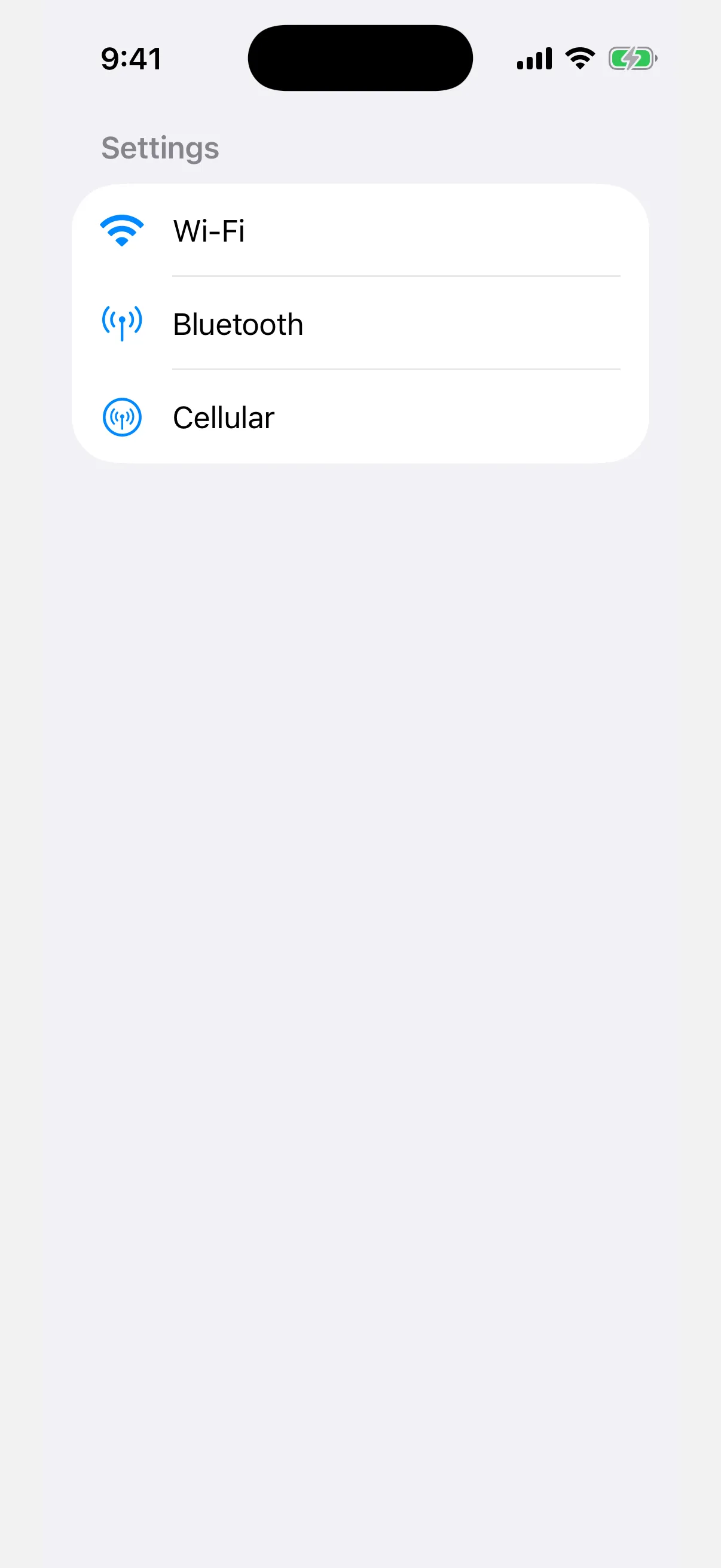 A Settings list with Wi-Fi, Bluetooth, and Cellular rows with blue SF Symbol icons
