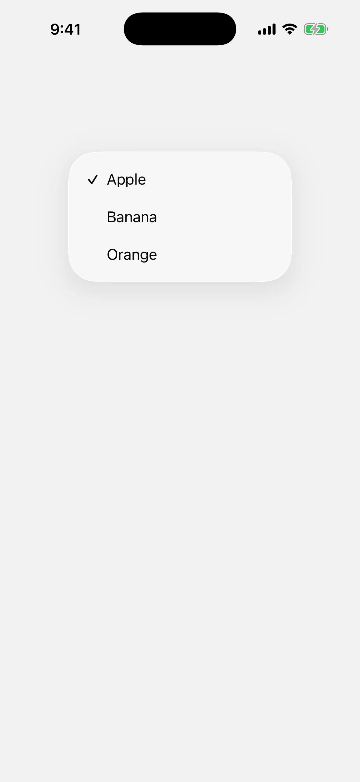 An open menu picker listing Apple with a checkmark, Banana, and Orange