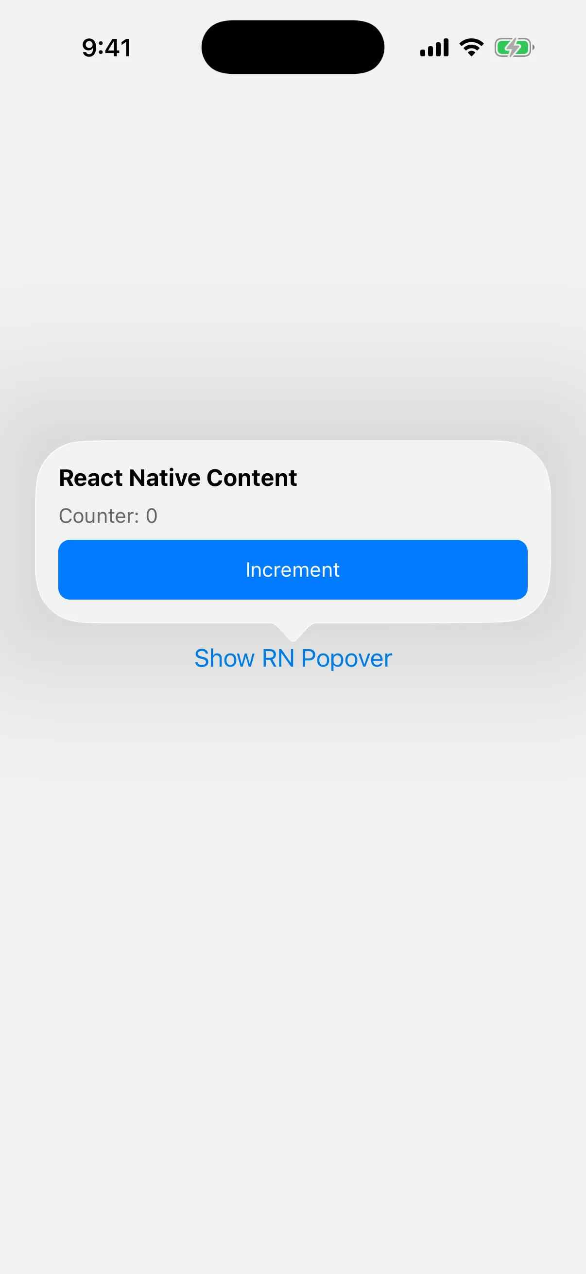 A popover containing React Native text, a counter, and a blue Increment button