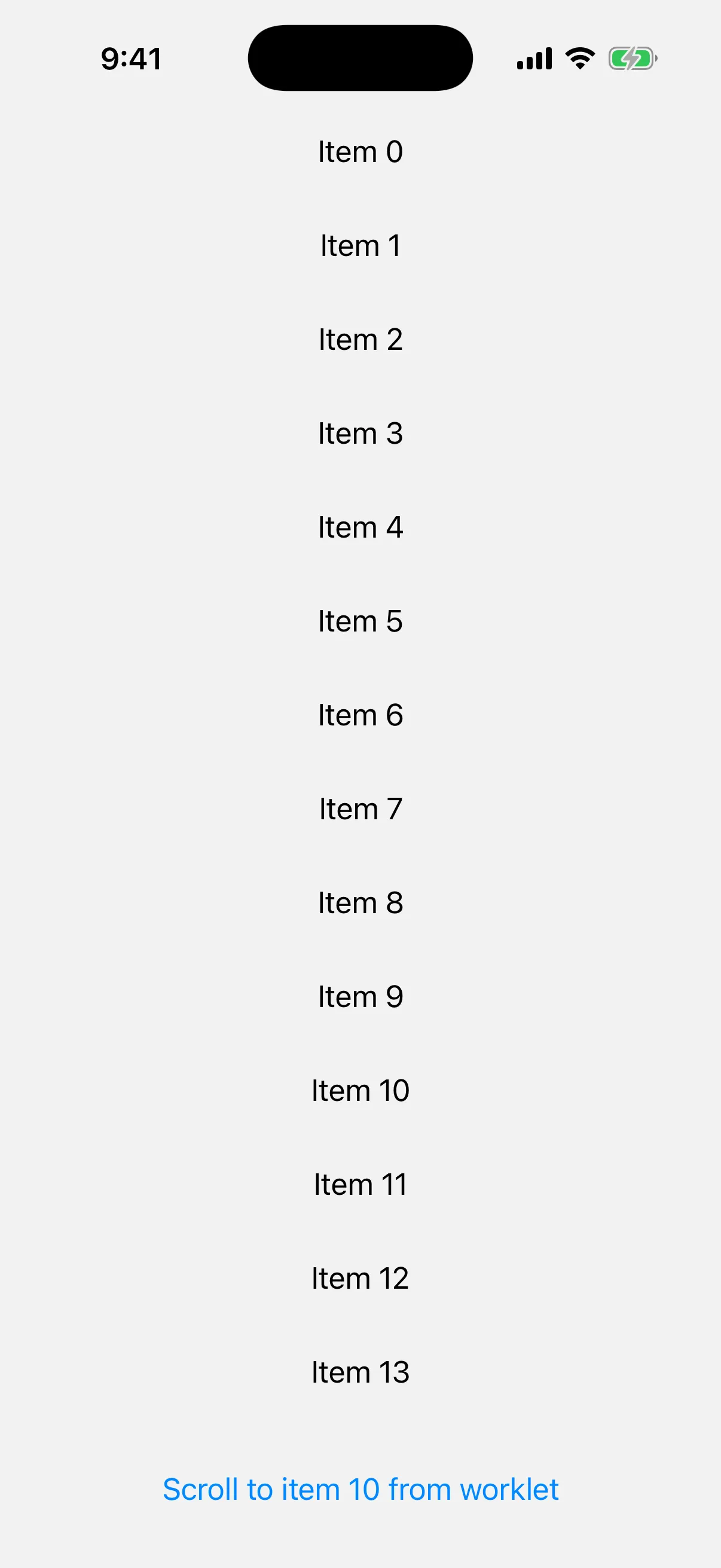 A scrollable list of items above a button labelled Scroll to item 10 from worklet.