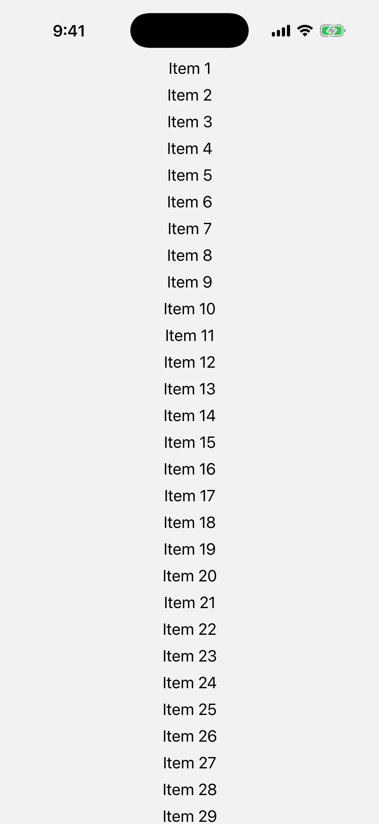 A vertical scroll view listing items one to twenty-nine.