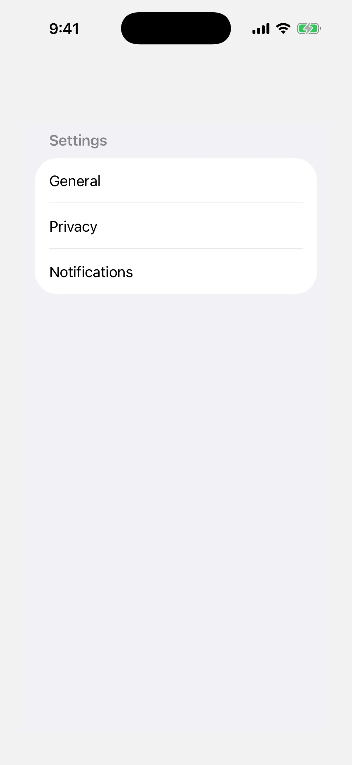 A list with a Settings header above General, Privacy, and Notifications rows