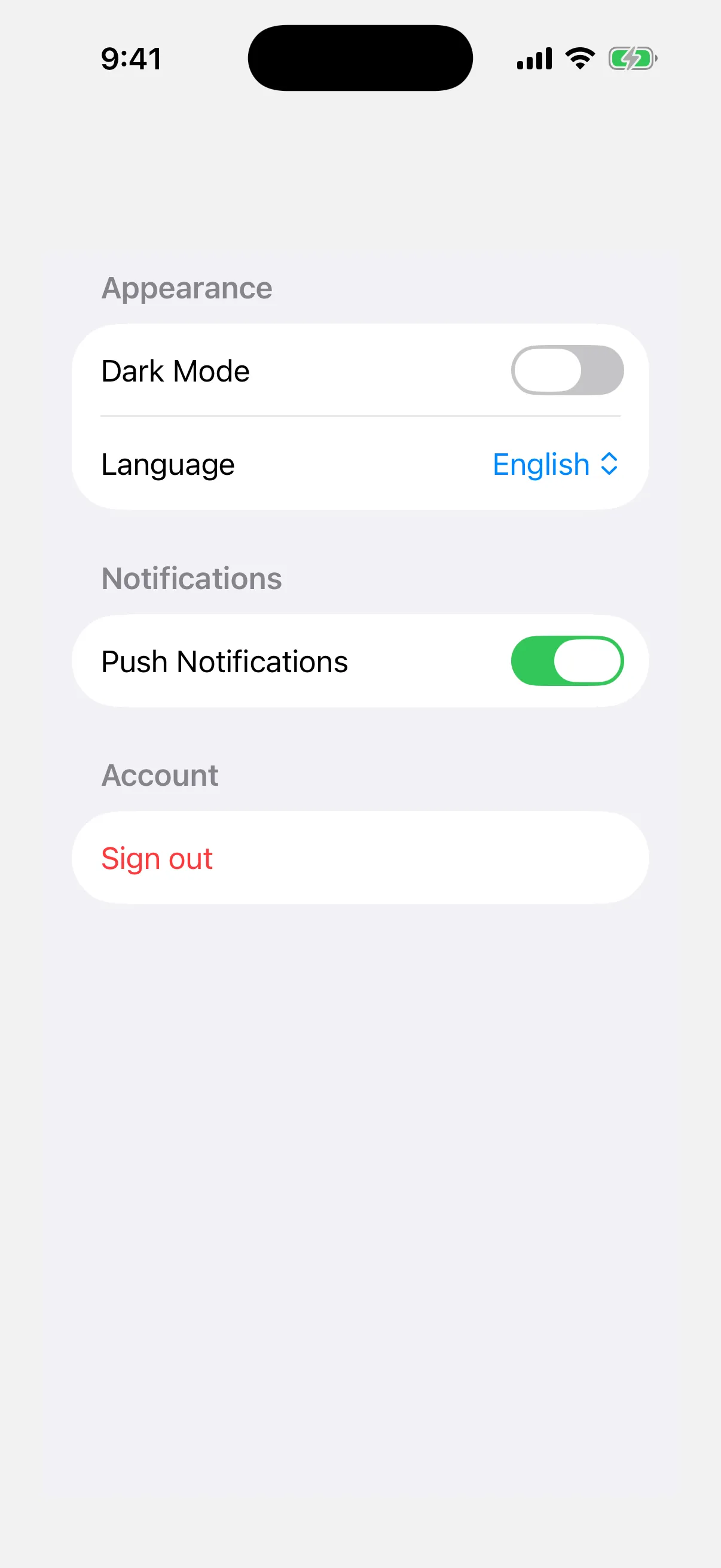 A form with Appearance, Notifications, and Account sections holding toggles, a picker, and a red Sign out button
