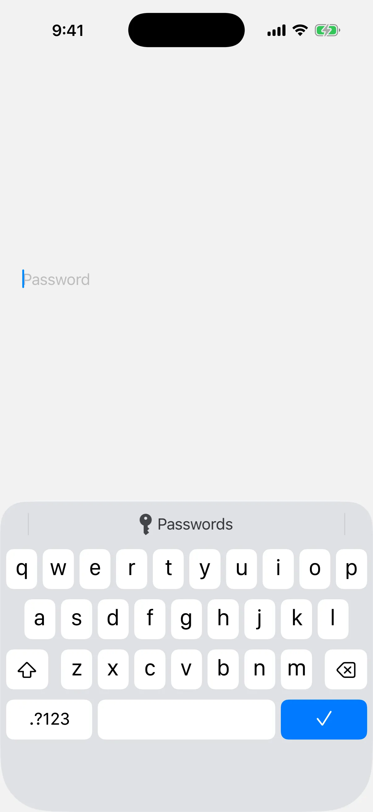 A focused secure field above the keyboard, whose submit key shows the done checkmark