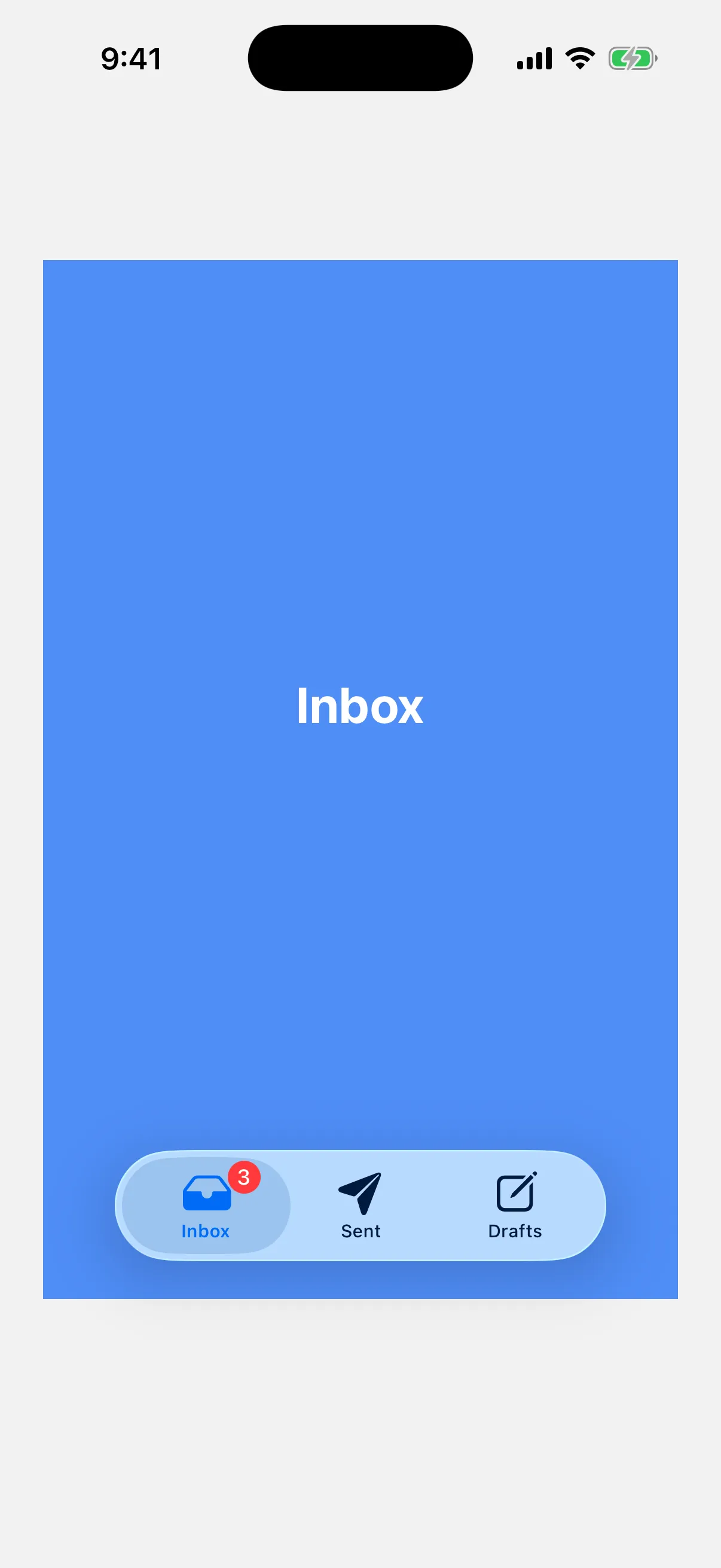 A blue Inbox page above a tab bar with Inbox, Sent, and Drafts, where Inbox carries a red badge reading 3