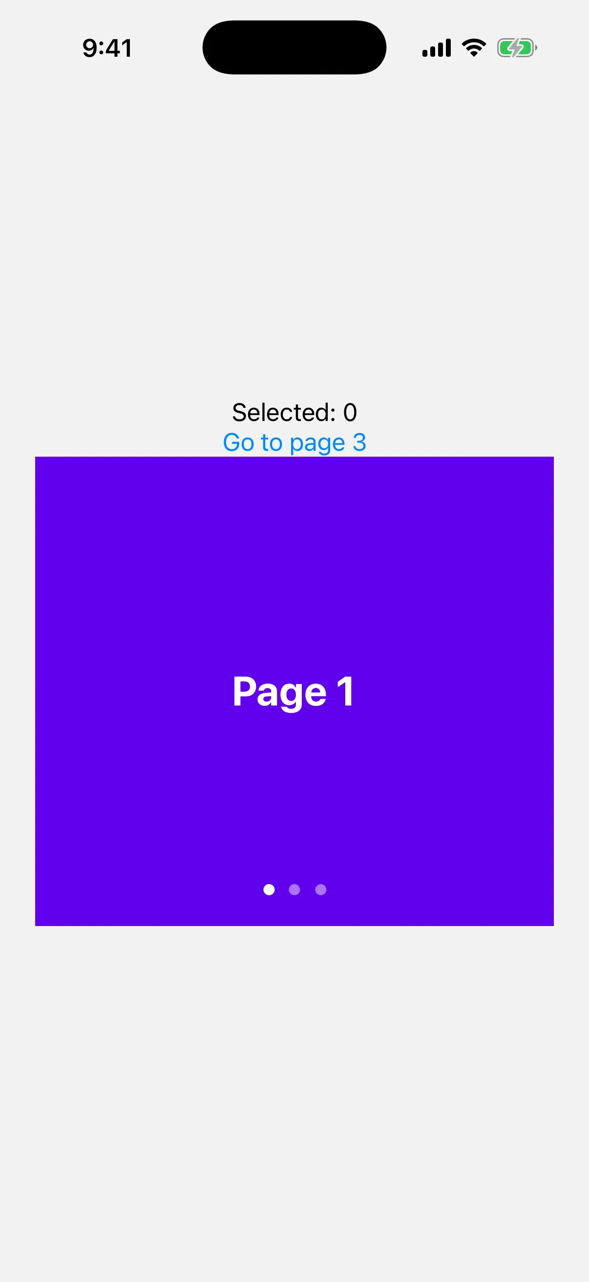 A Selected 0 readout and a Go to page 3 button above a purple pager page labeled Page 1