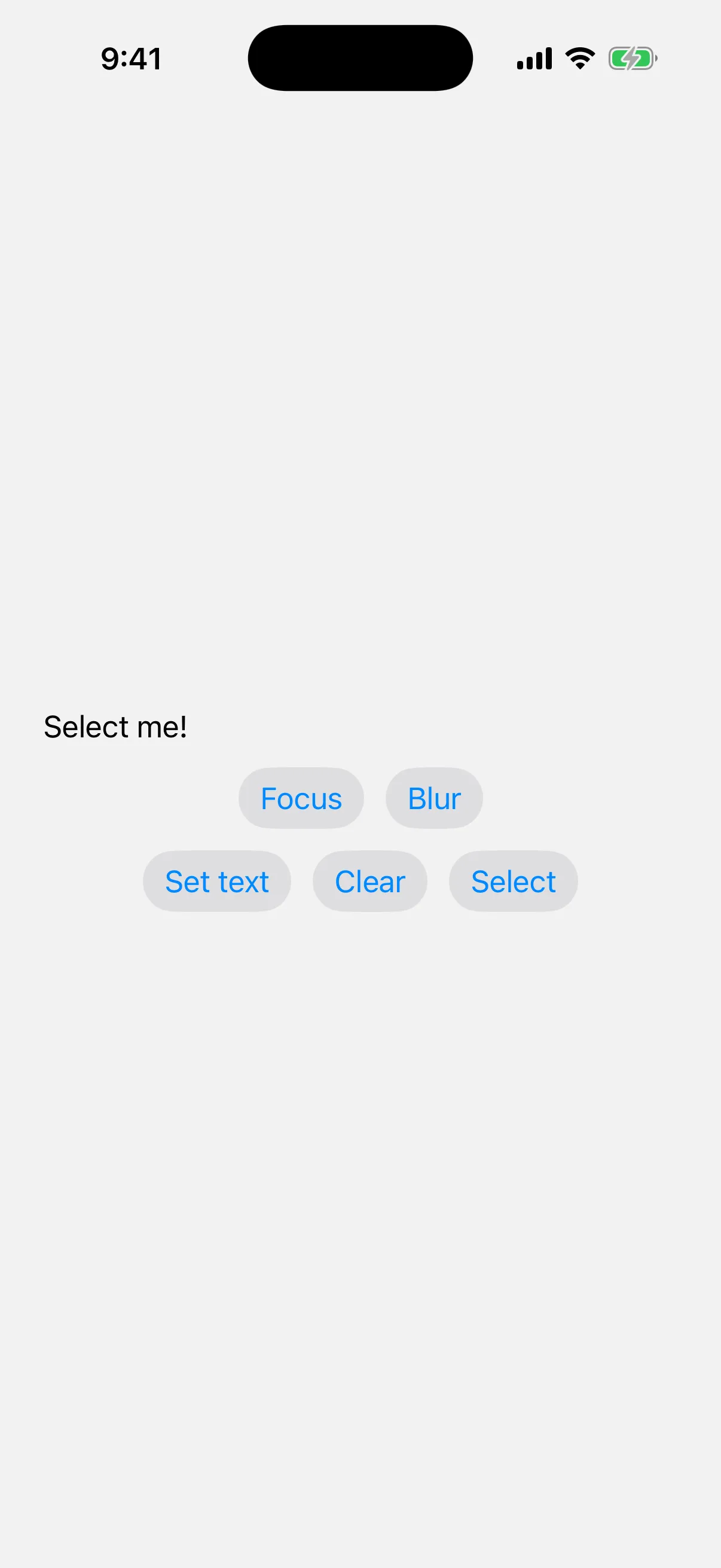 A text field reading Select me! above a row of Focus, Blur, Set text, Clear, and Select buttons